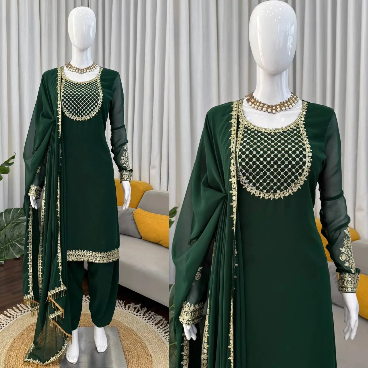 Emerald Green Faux Georgette Sequins Embroidered Patiala Suit for Wedding & Festive Wear