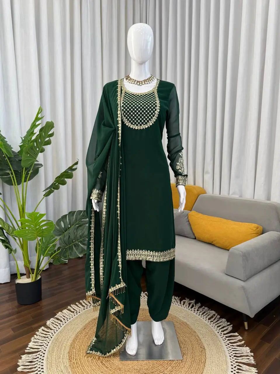 Emerald Green Faux Georgette Sequins Embroidered Patiala Suit for Wedding & Festive Wear