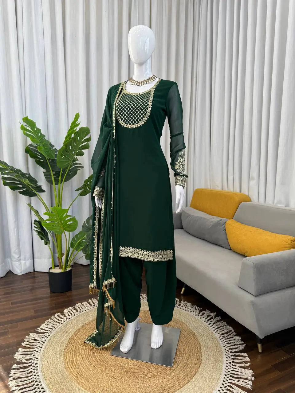 Emerald Green Faux Georgette Sequins Embroidered Patiala Suit for Wedding & Festive Wear