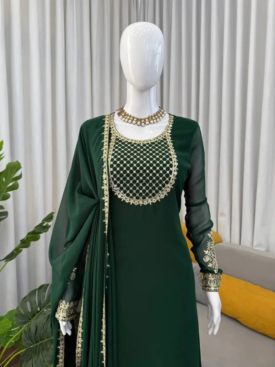 Emerald Green Faux Georgette Sequins Embroidered Patiala Suit for Wedding & Festive Wear