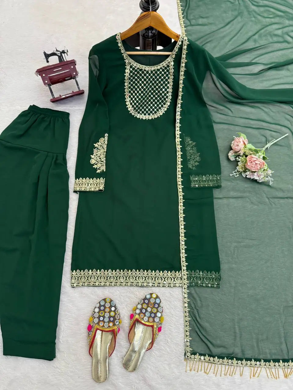 Emerald Green Faux Georgette Sequins Embroidered Patiala Suit for Wedding & Festive Wear