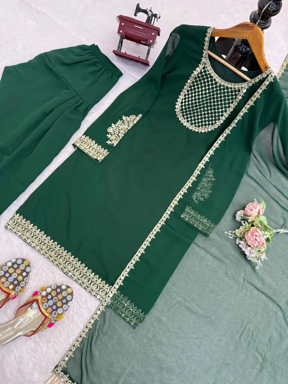 Emerald Green Faux Georgette Sequins Embroidered Patiala Suit for Wedding & Festive Wear