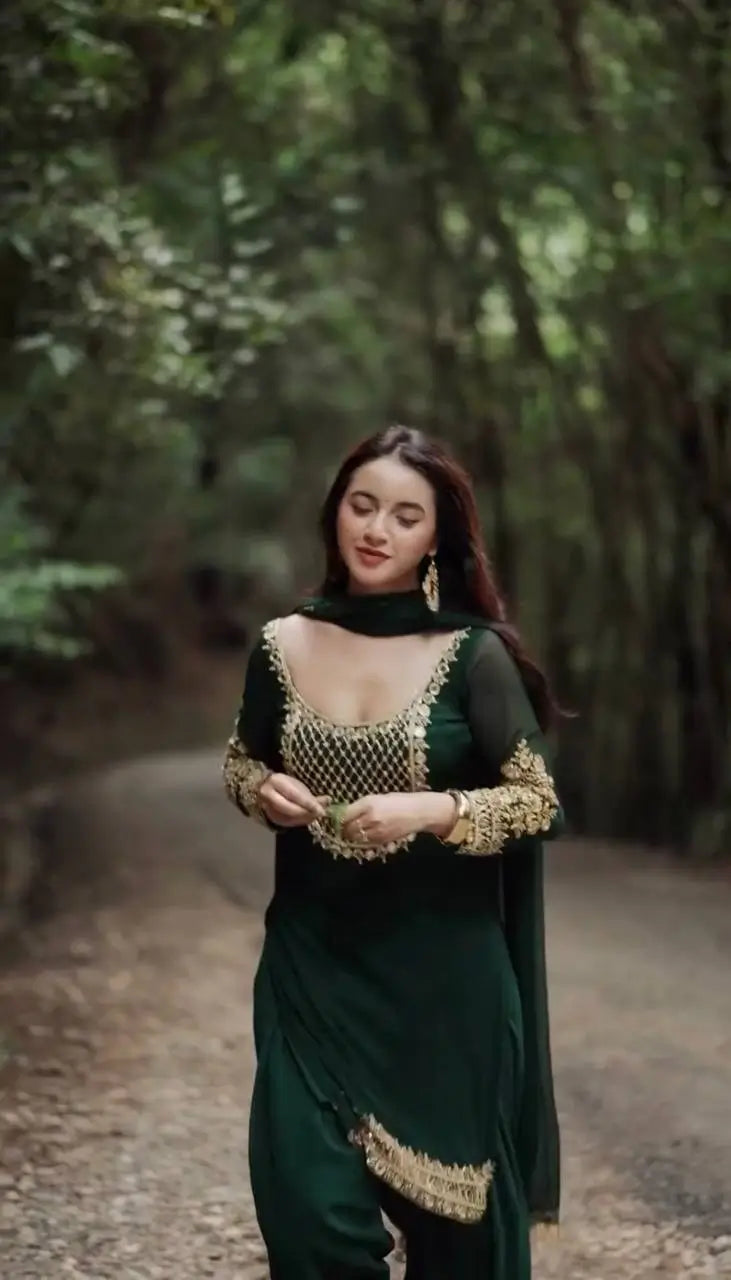 Emerald Green Faux Georgette Sequins Embroidered Patiala Suit for Wedding & Festive Wear
