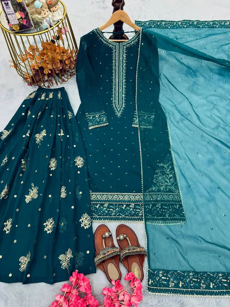 Emerald Green Heavy Faux Georgette Embroidered Palazzo Set with Organza Dupatta