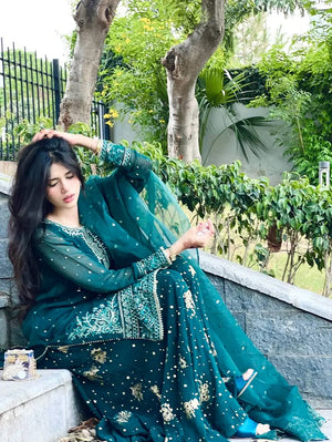 Emerald Green Heavy Faux Georgette Embroidered Palazzo Set with Organza Dupatta
