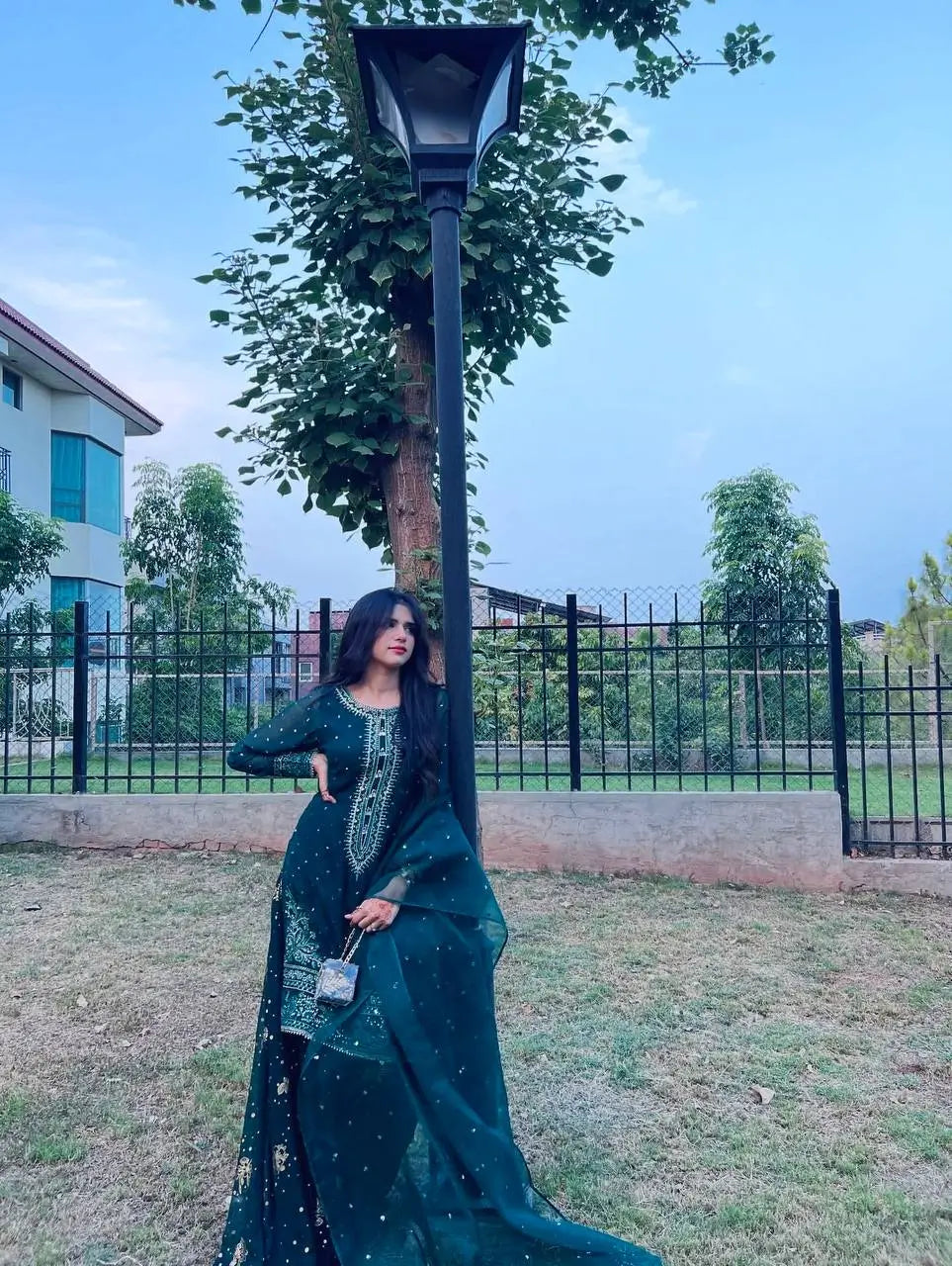 Emerald Green Heavy Faux Georgette Embroidered Palazzo Set with Organza Dupatta