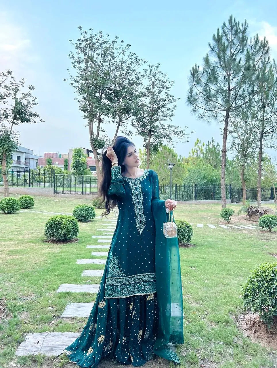 Emerald Green Heavy Faux Georgette Embroidered Palazzo Set with Organza Dupatta