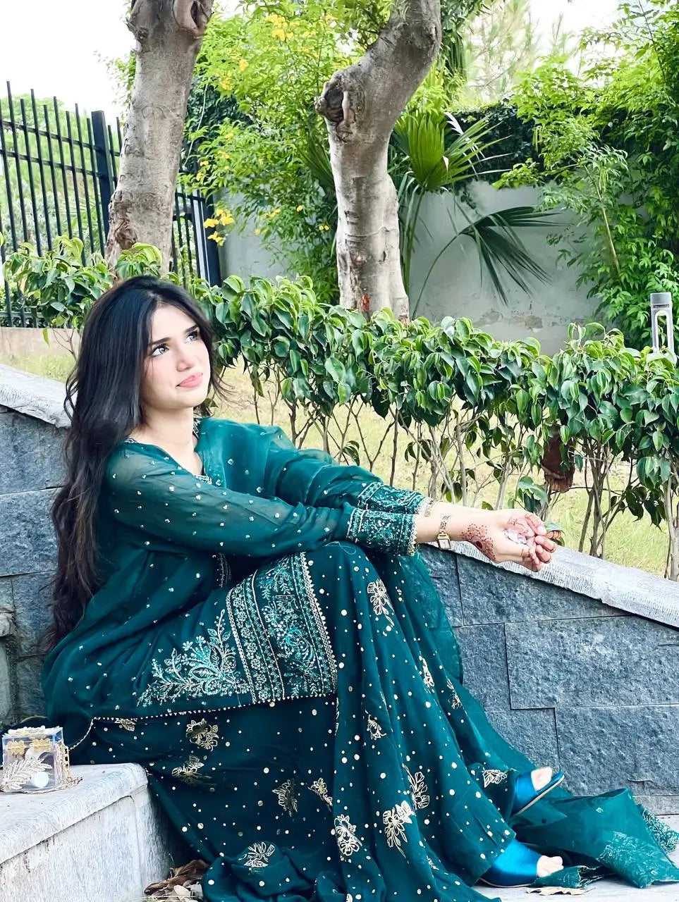 Emerald Green Heavy Faux Georgette Embroidered Palazzo Set with Organza Dupatta