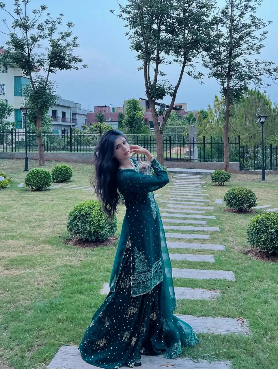 Emerald Green Heavy Faux Georgette Embroidered Palazzo Set with Organza Dupatta