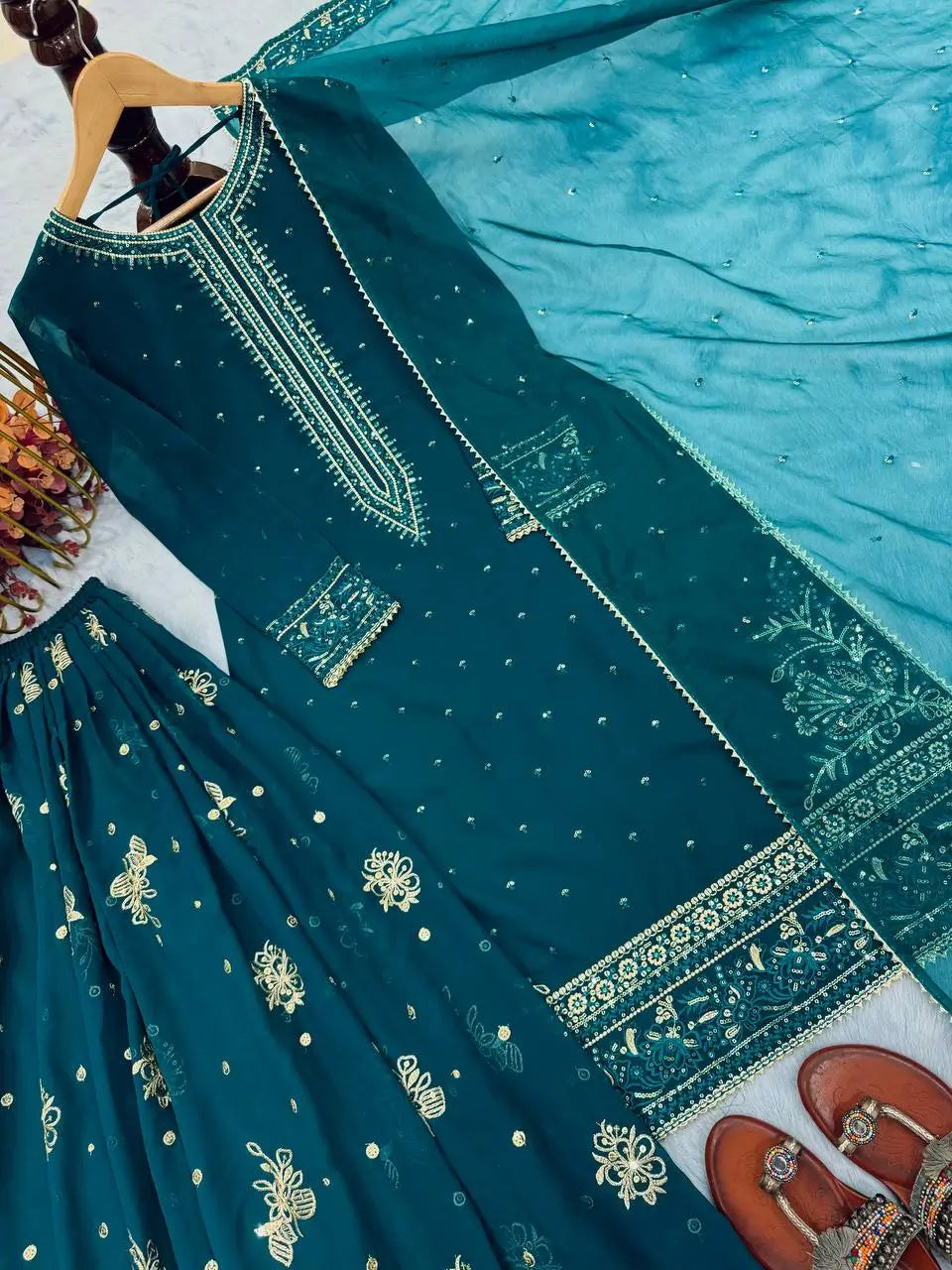 Emerald Green Heavy Faux Georgette Embroidered Palazzo Set with Organza Dupatta