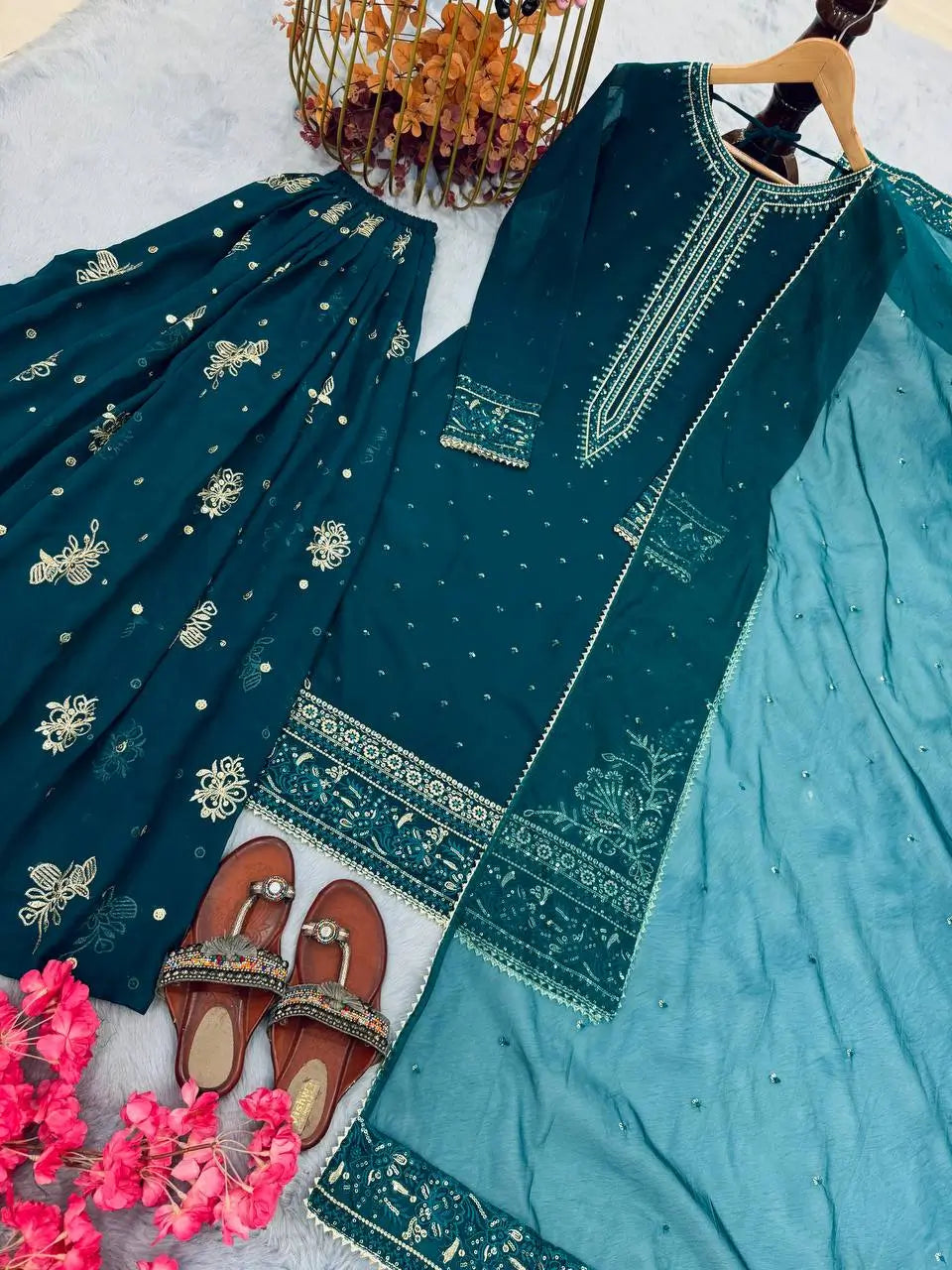 Emerald Green Heavy Faux Georgette Embroidered Palazzo Set with Organza Dupatta