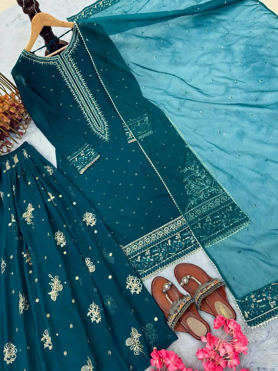 Emerald Green Heavy Faux Georgette Embroidered Palazzo Set with Organza Dupatta