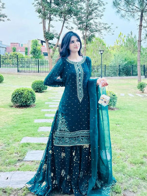 Emerald Green Heavy Faux Georgette Embroidered Palazzo Set with Organza Dupatta