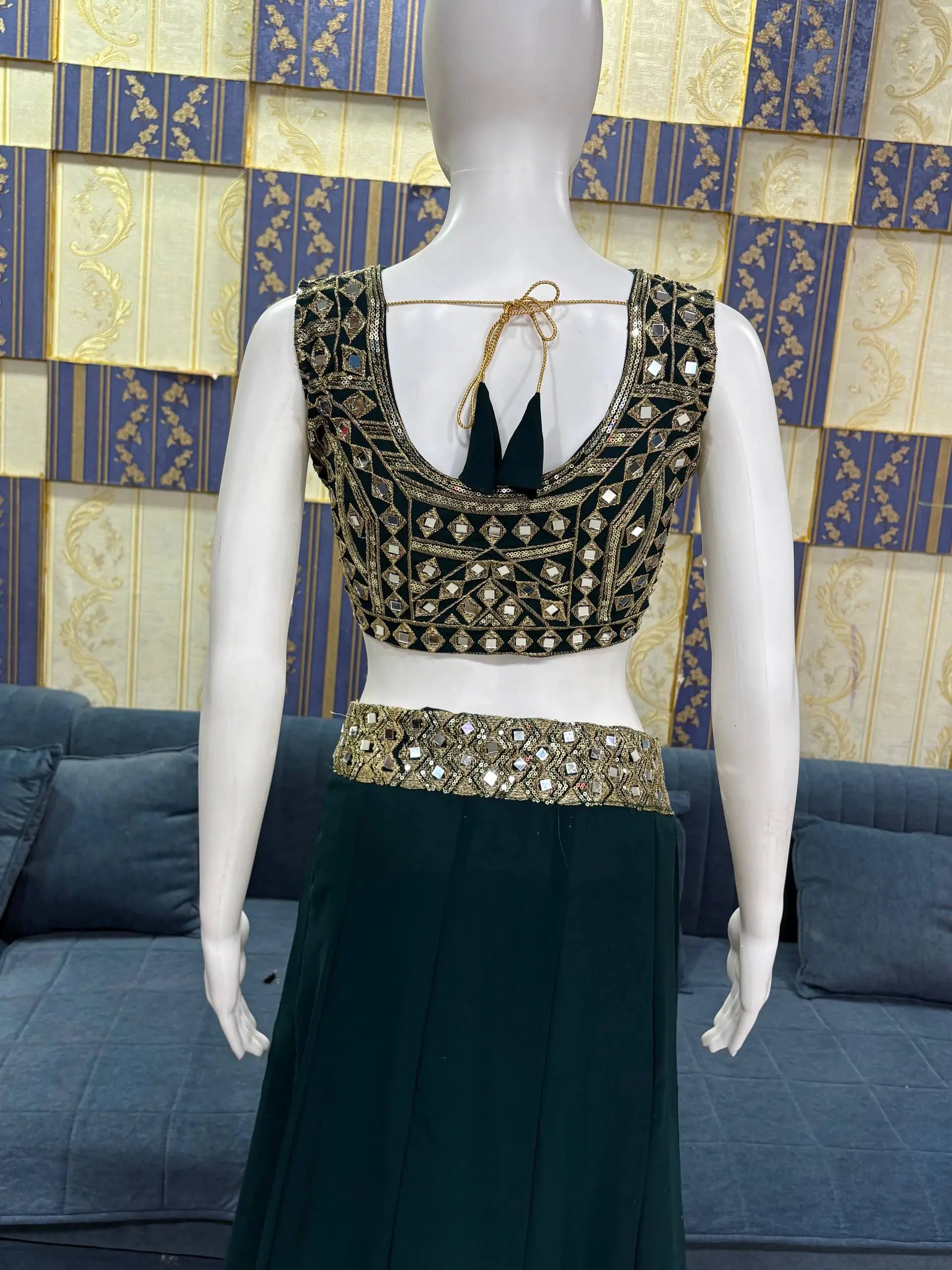 Emerald Green Ready-to-Wear Mirror Work Saree with Unstitched Blouse