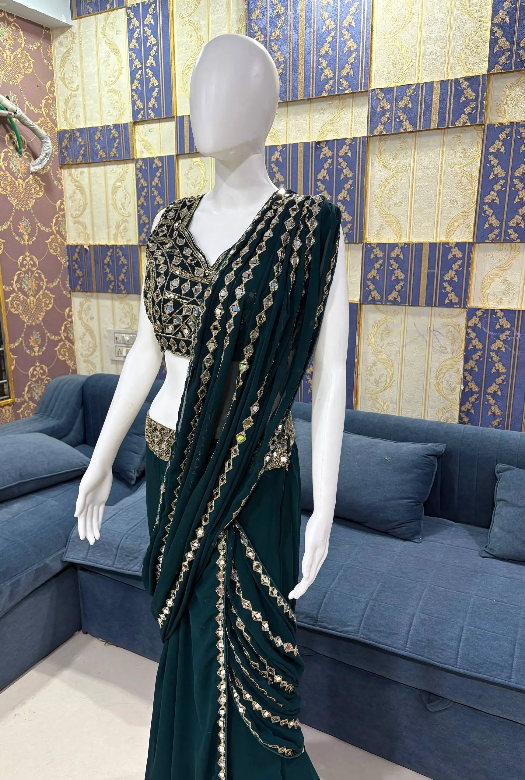 Emerald Green Ready-to-Wear Mirror Work Saree with Unstitched Blouse