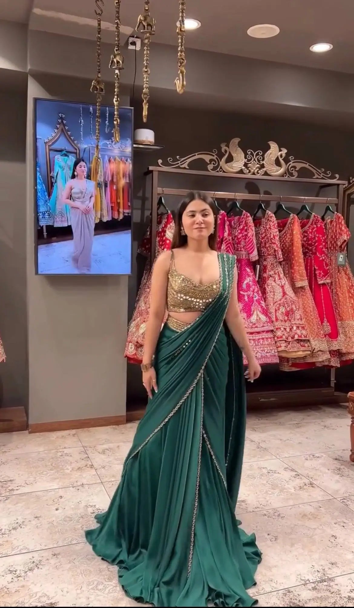 Emerald Green Ready-to-Wear Mirror Work Saree with Unstitched Blouse