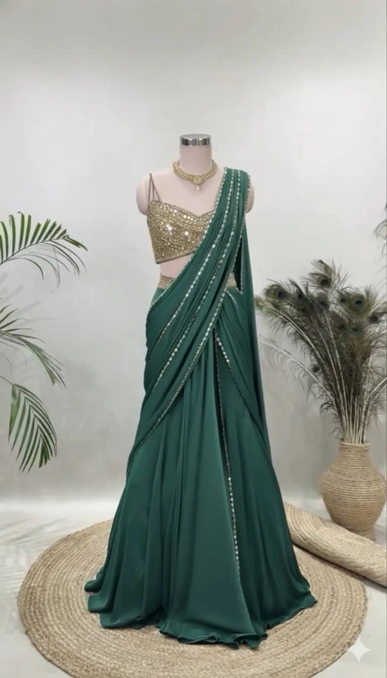 Emerald Green Ready-to-Wear Mirror Work Saree with Unstitched Blouse