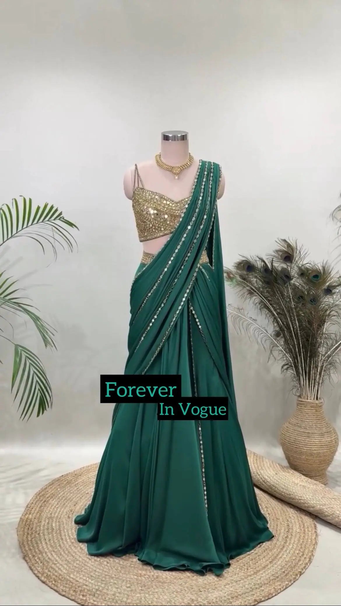Emerald Green Ready-to-Wear Mirror Work Saree with Unstitched Blouse