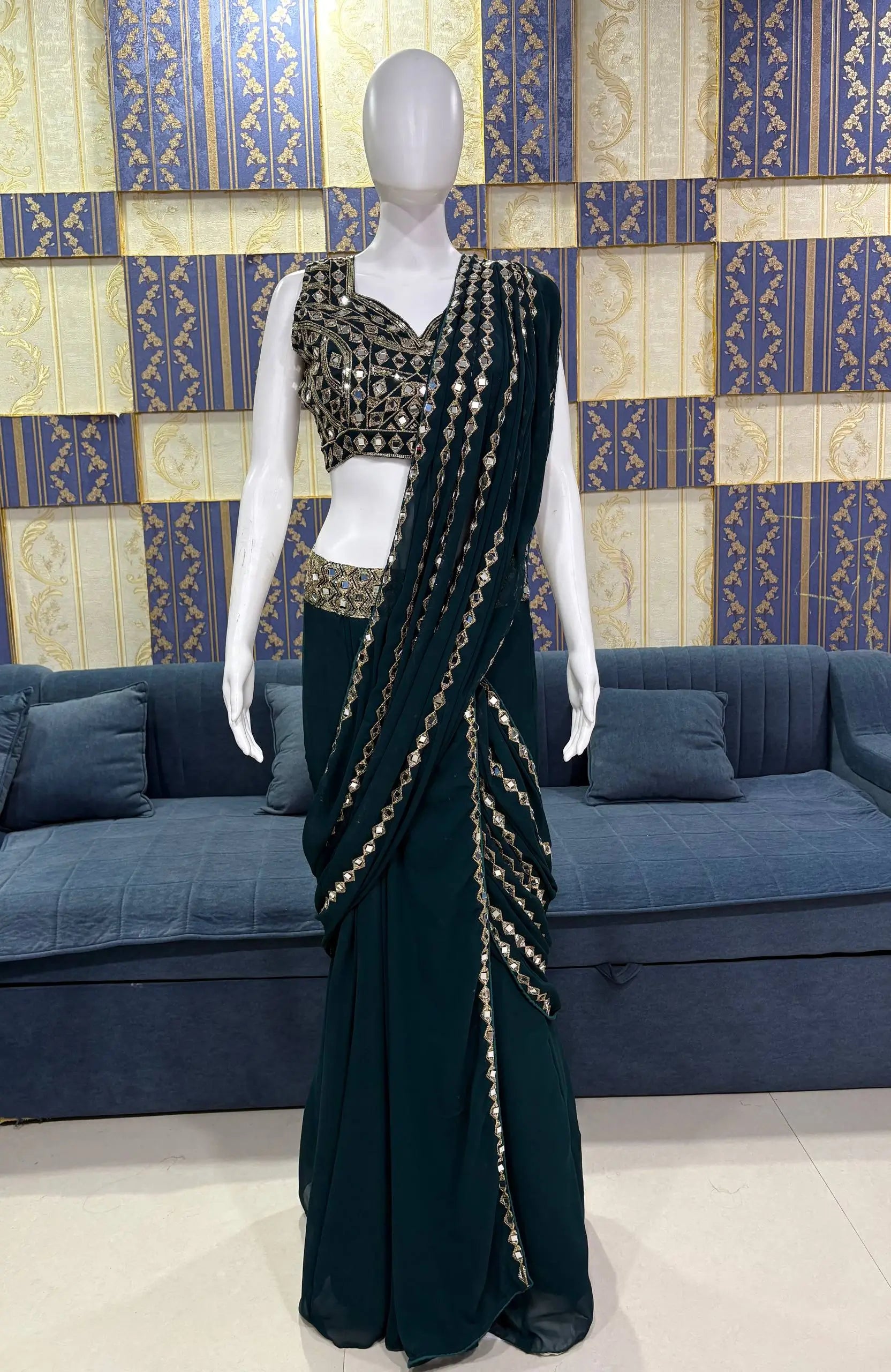 Emerald Green Ready-to-Wear Mirror Work Saree with Unstitched Blouse
