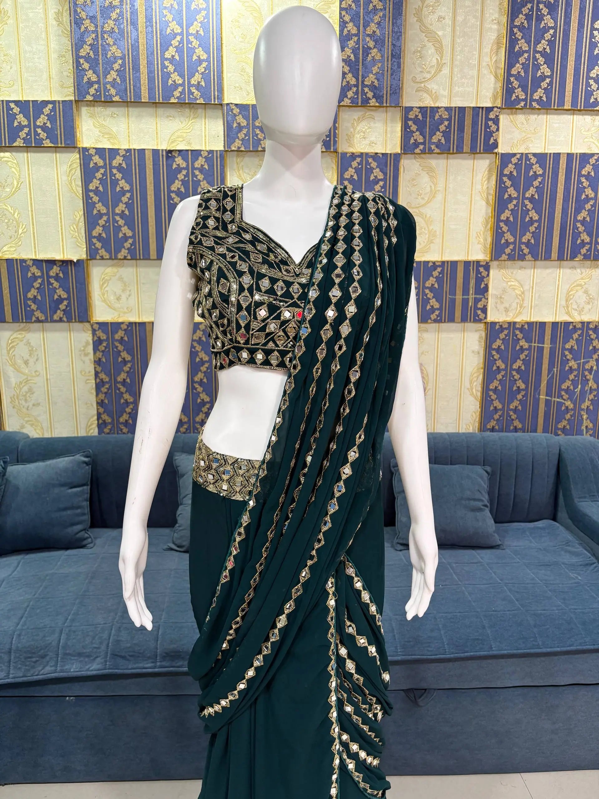 Emerald Green Ready-to-Wear Mirror Work Saree with Unstitched Blouse