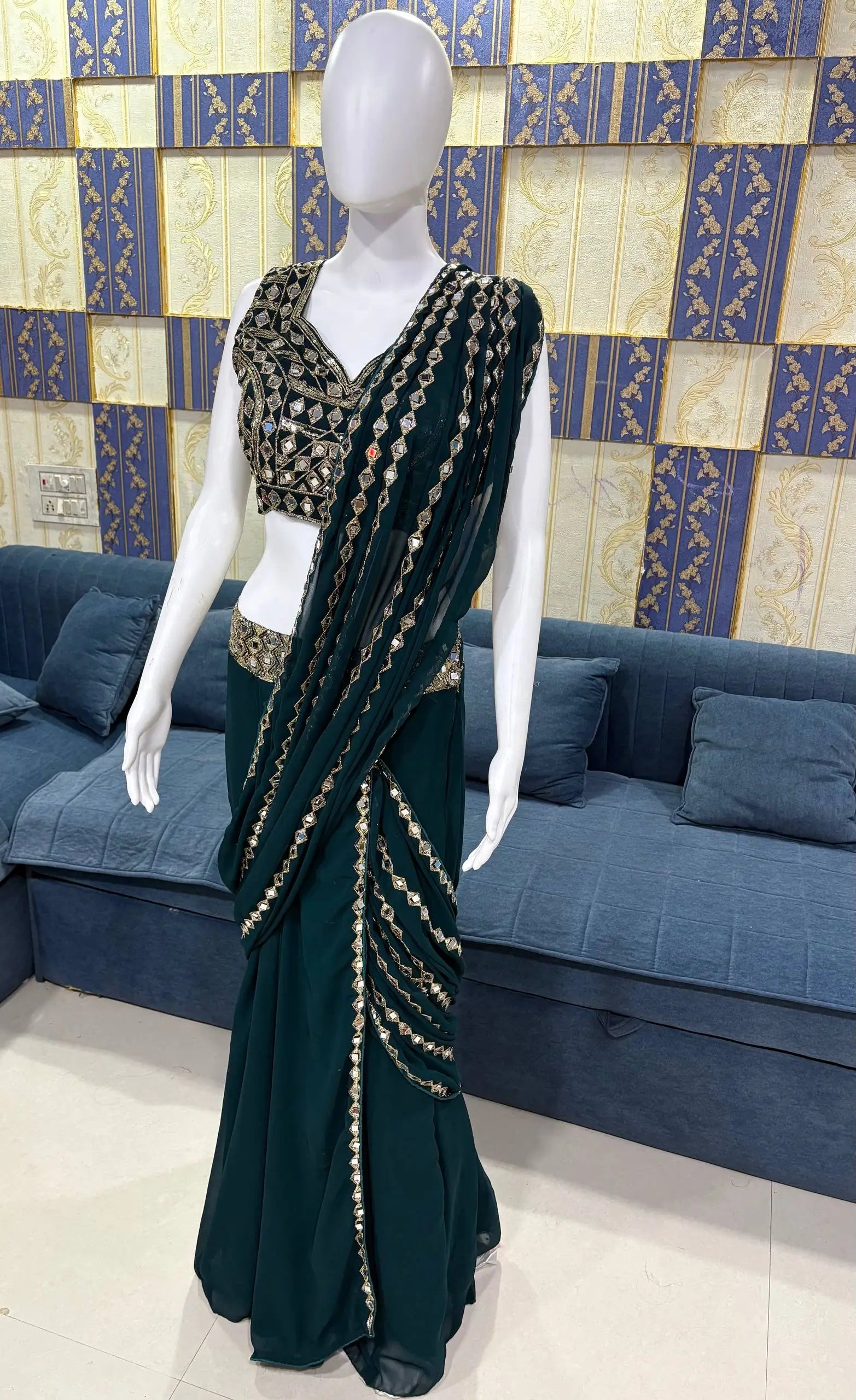 Emerald Green Ready-to-Wear Mirror Work Saree with Unstitched Blouse