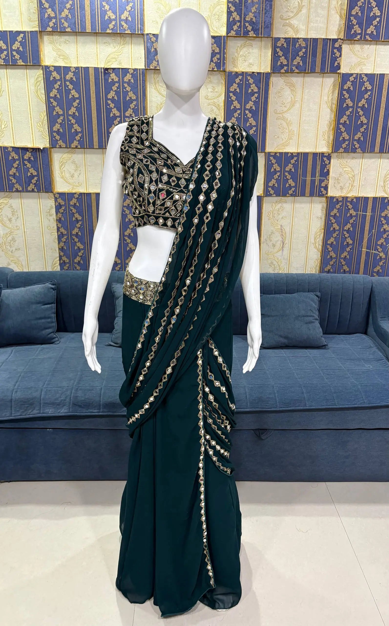 Emerald Green Ready-to-Wear Mirror Work Saree with Unstitched Blouse