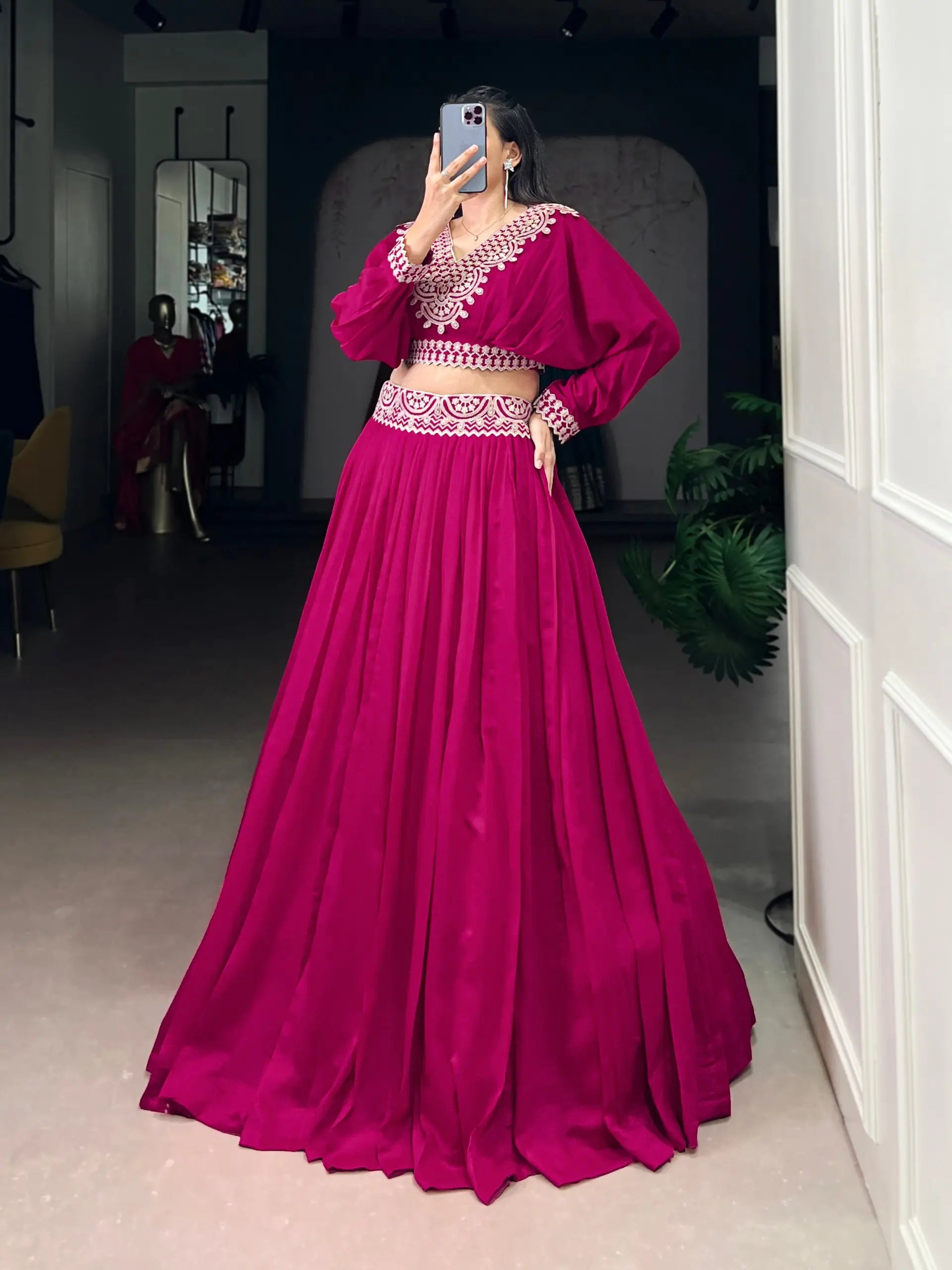 Emerald Green Vichitra Silk Thread Embroidered Lehenga Set