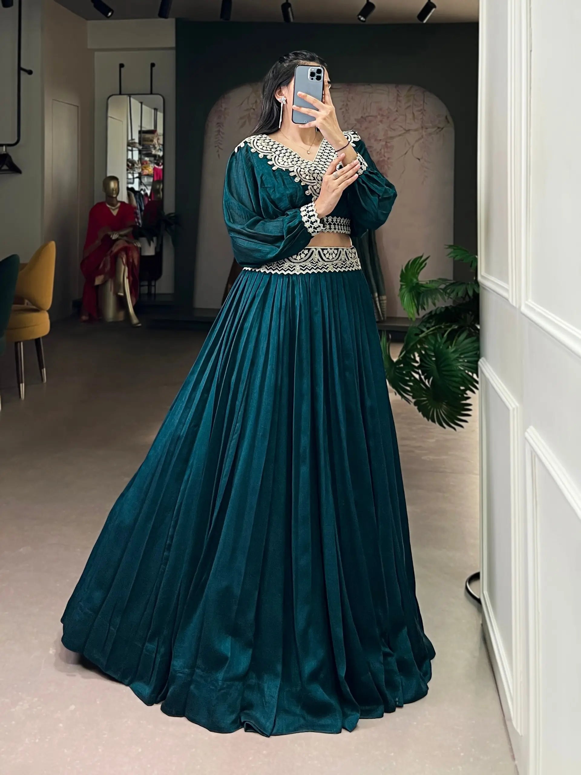 Emerald Green Vichitra Silk Thread Embroidered Lehenga Set