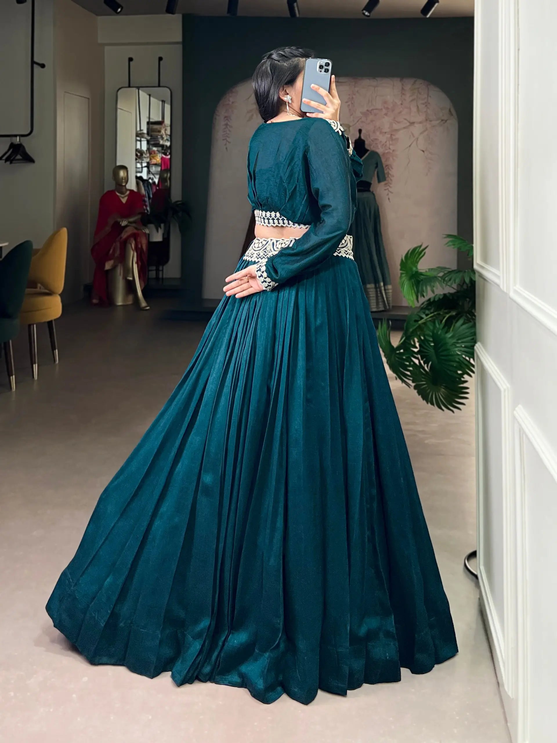 Emerald Green Vichitra Silk Thread Embroidered Lehenga Set