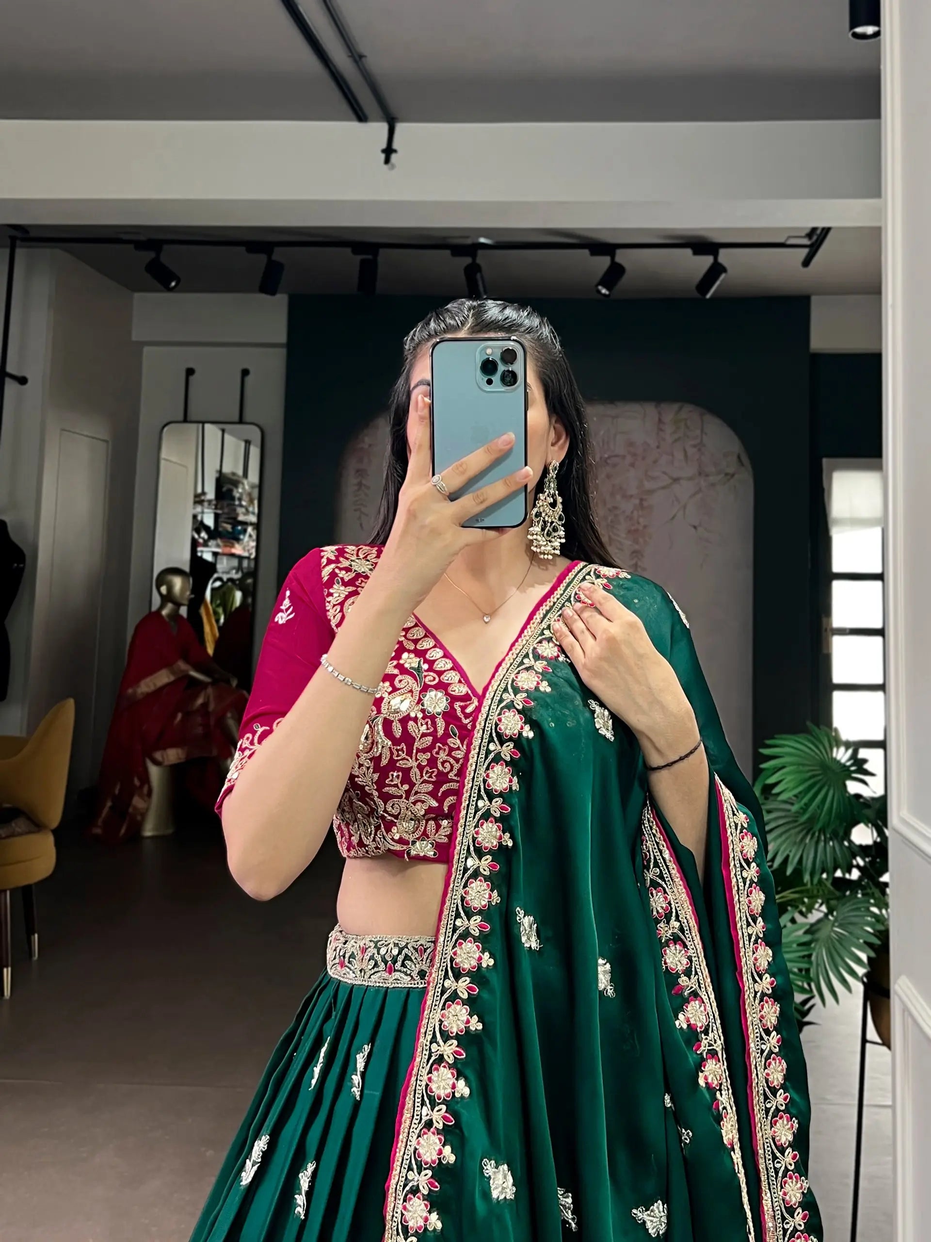 Emerald Silk Satin Embroidered Lehenga Choli Set for Wedding and Reception Wear