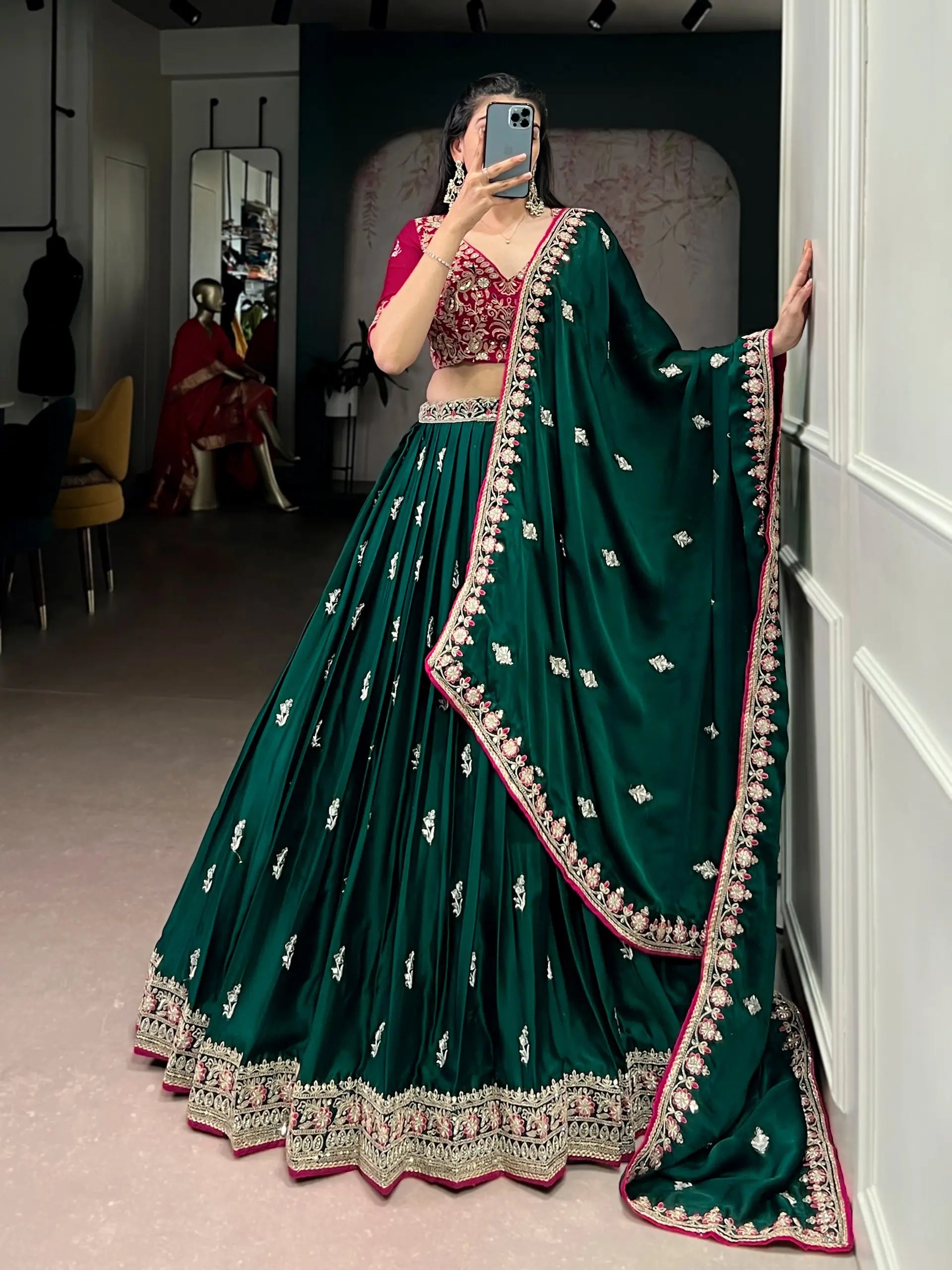Emerald Silk Satin Embroidered Lehenga Choli Set for Wedding and Reception Wear