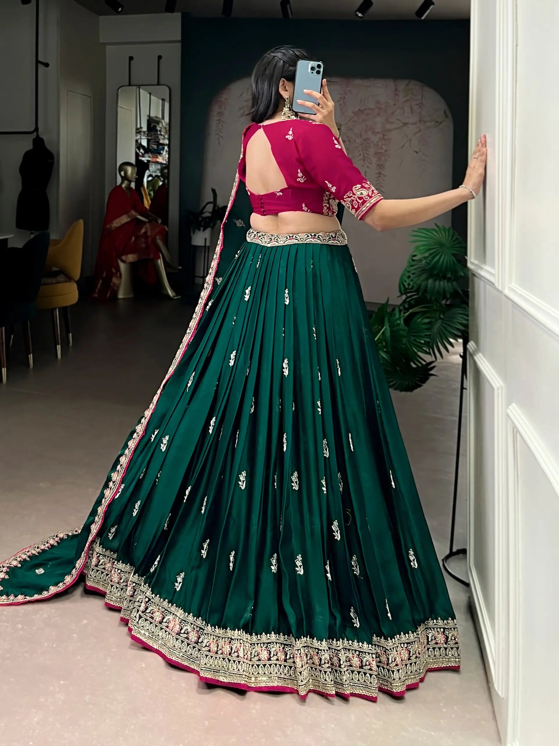 Emerald Silk Satin Embroidered Lehenga Choli Set for Wedding and Reception Wear