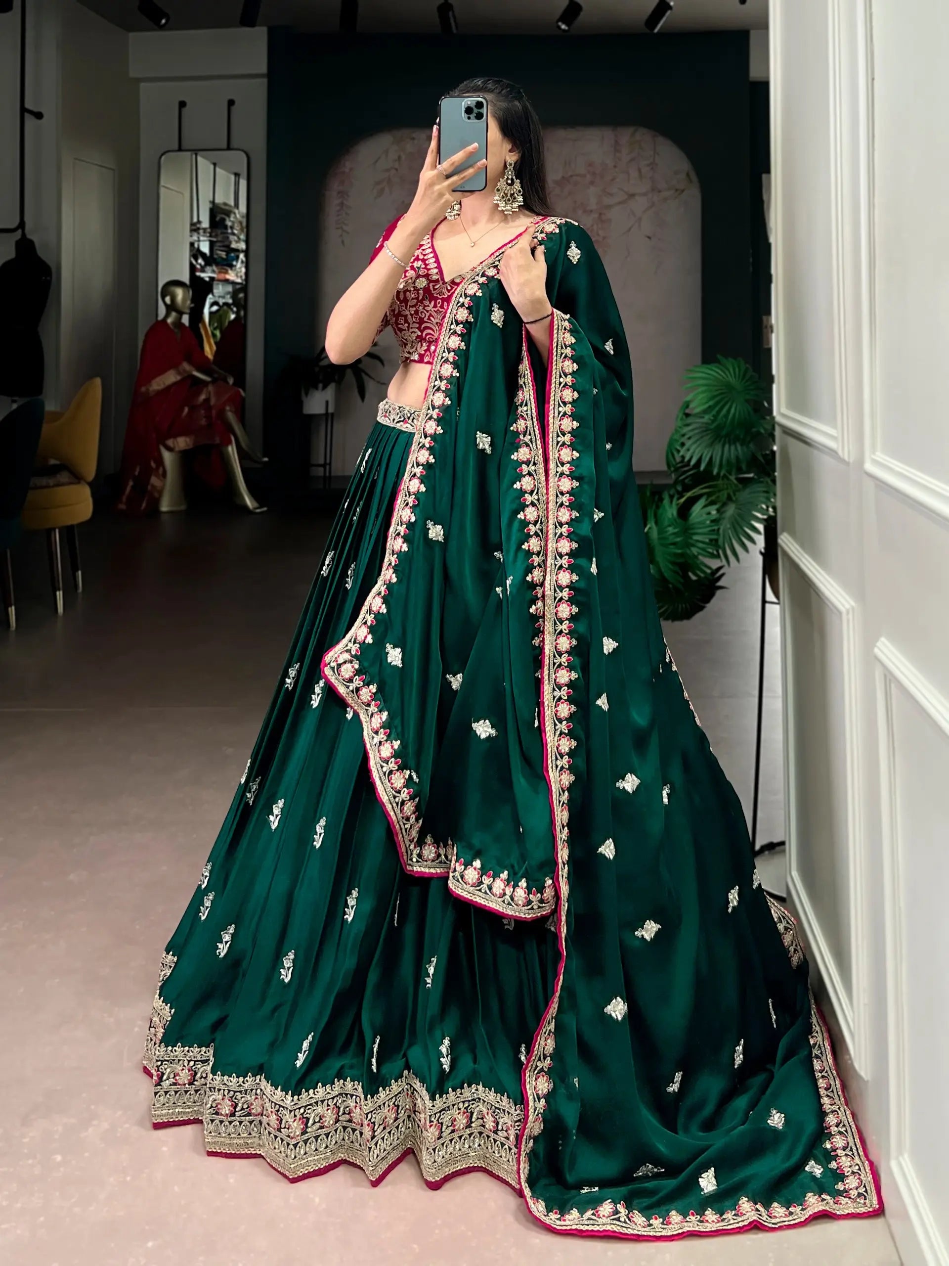 Emerald Silk Satin Embroidered Lehenga Choli Set for Wedding and Reception Wear