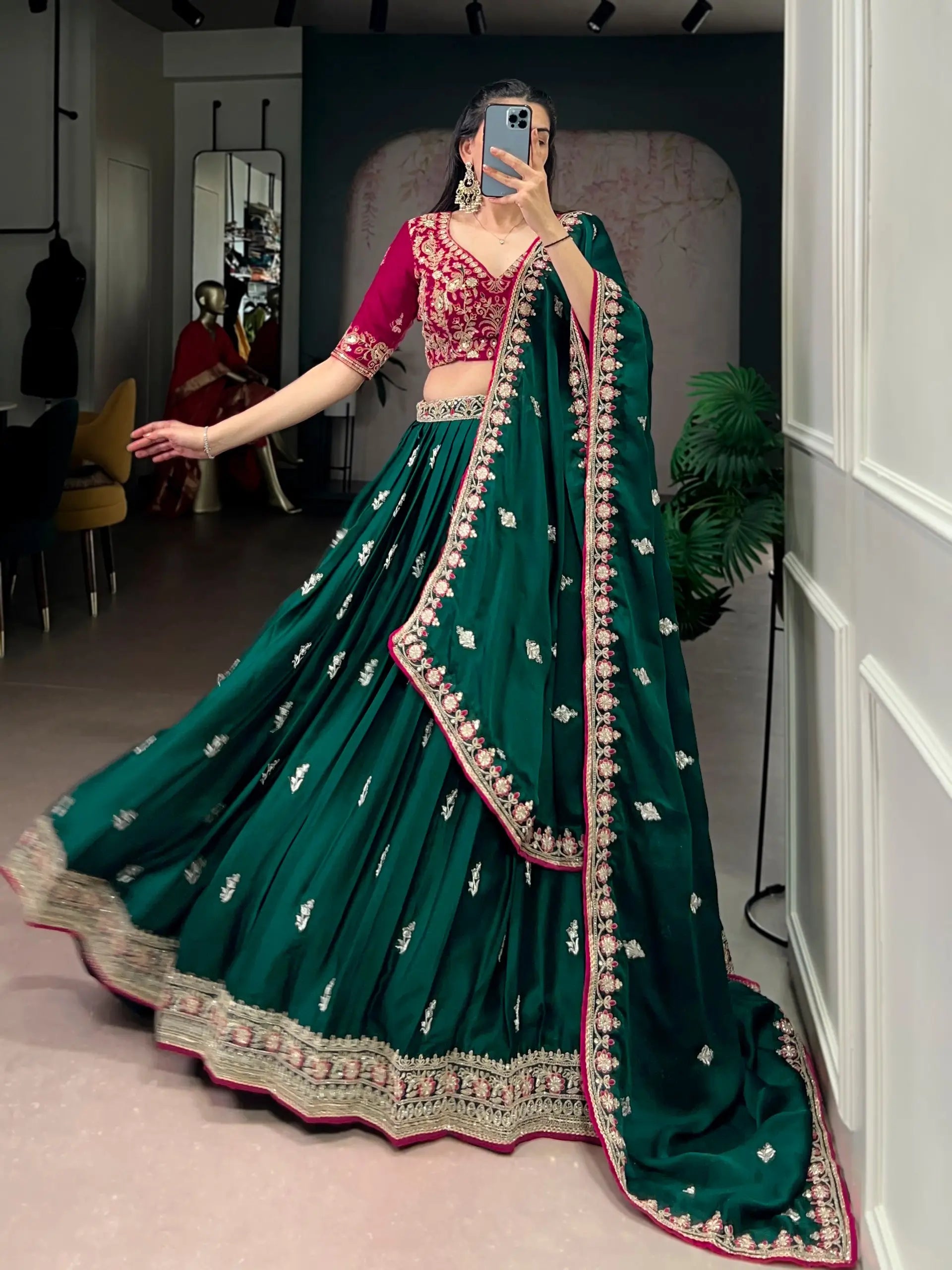 Emerald Silk Satin Embroidered Lehenga Choli Set for Wedding and Reception Wear