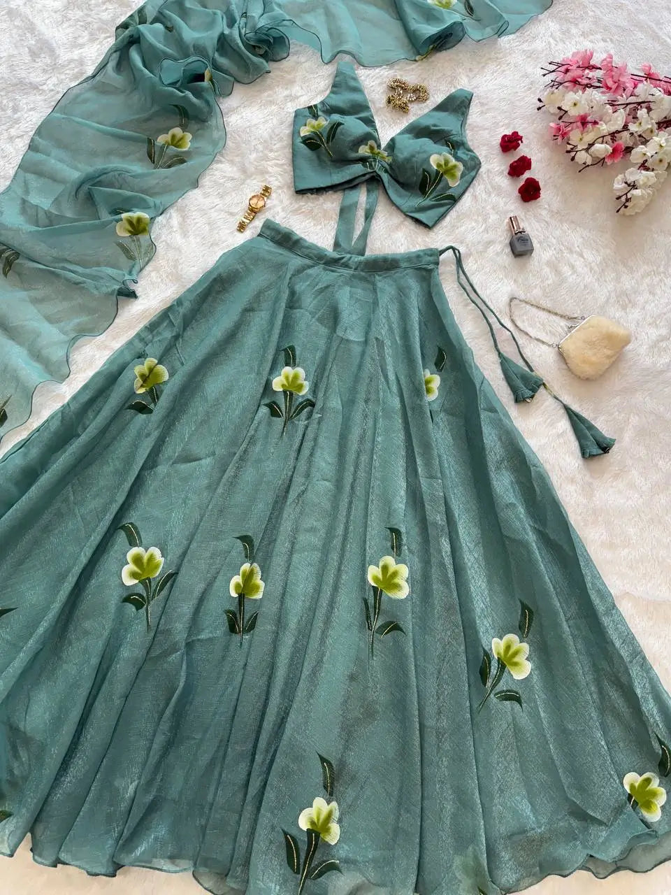 Fandy Crush Handpaint Lehenga Set with Designer Blouse and Cascade Dupatta