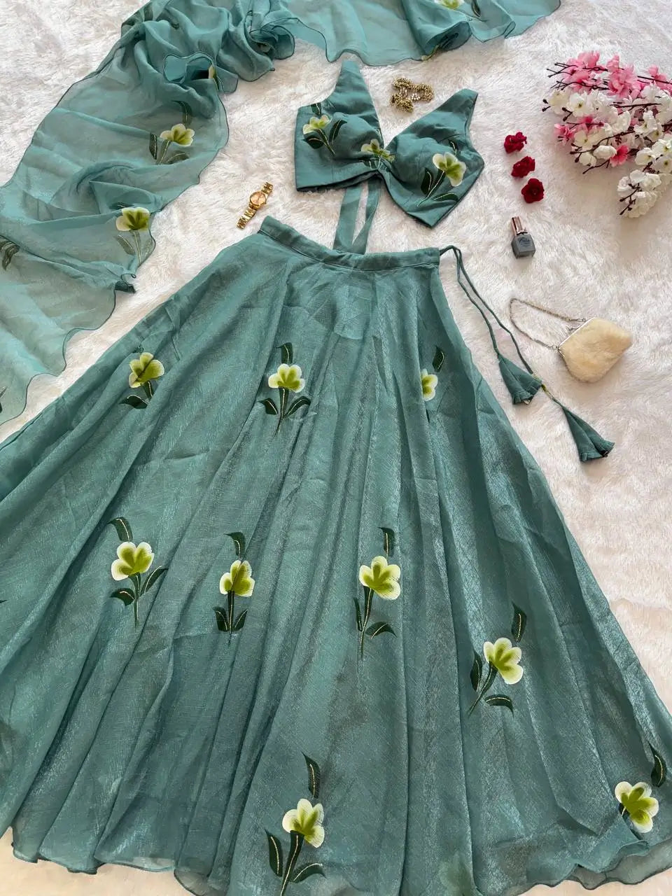 Fandy Crush Handpaint Lehenga Set with Designer Blouse and Cascade Dupatta