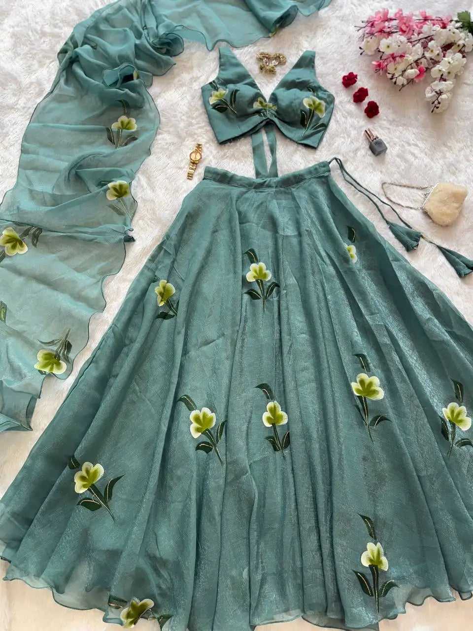 Fandy Crush Handpaint Lehenga Set with Designer Blouse and Cascade Dupatta