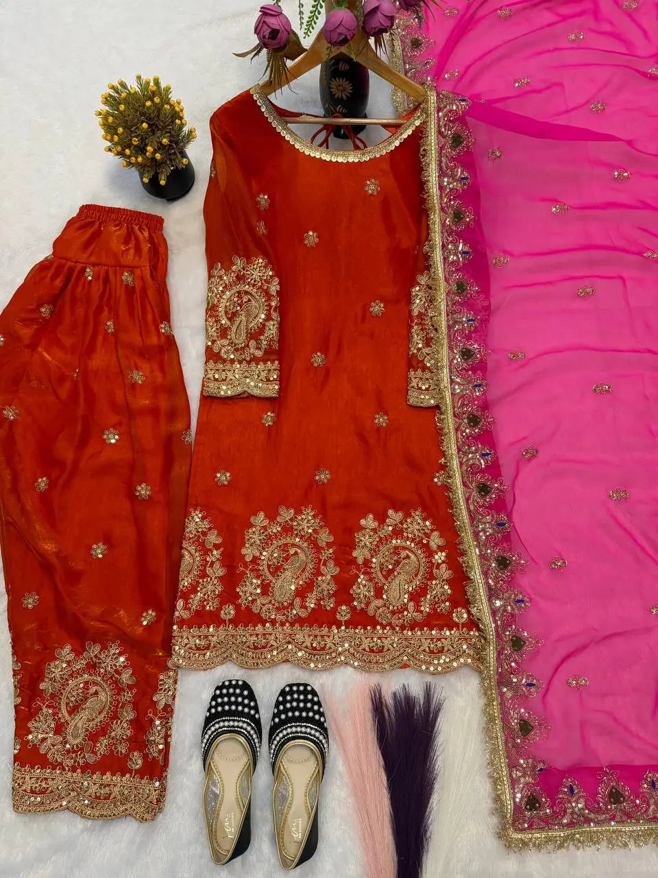 Fandy Crushi Silk Farshi Salwar Suit With Handwork Dupatta