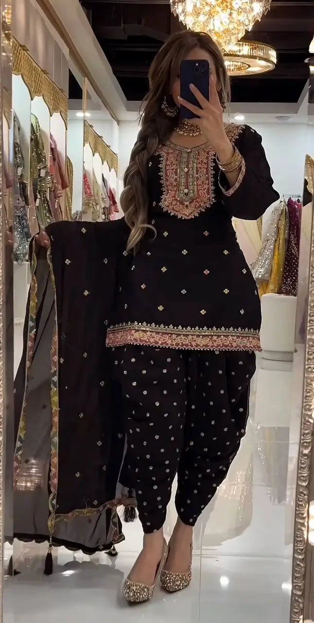 Fandy Crushi Silk Farshi Salwar Suit With Handwork Dupatta