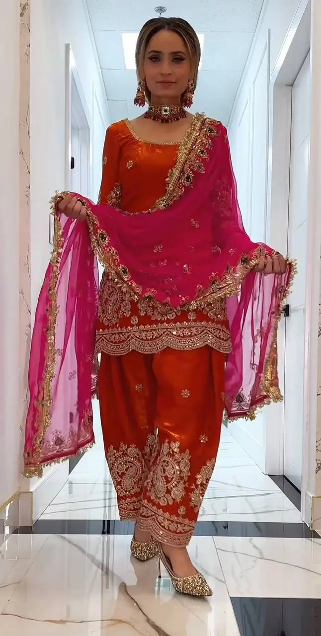 Fandy Crushi Silk Farshi Salwar Suit With Handwork Dupatta