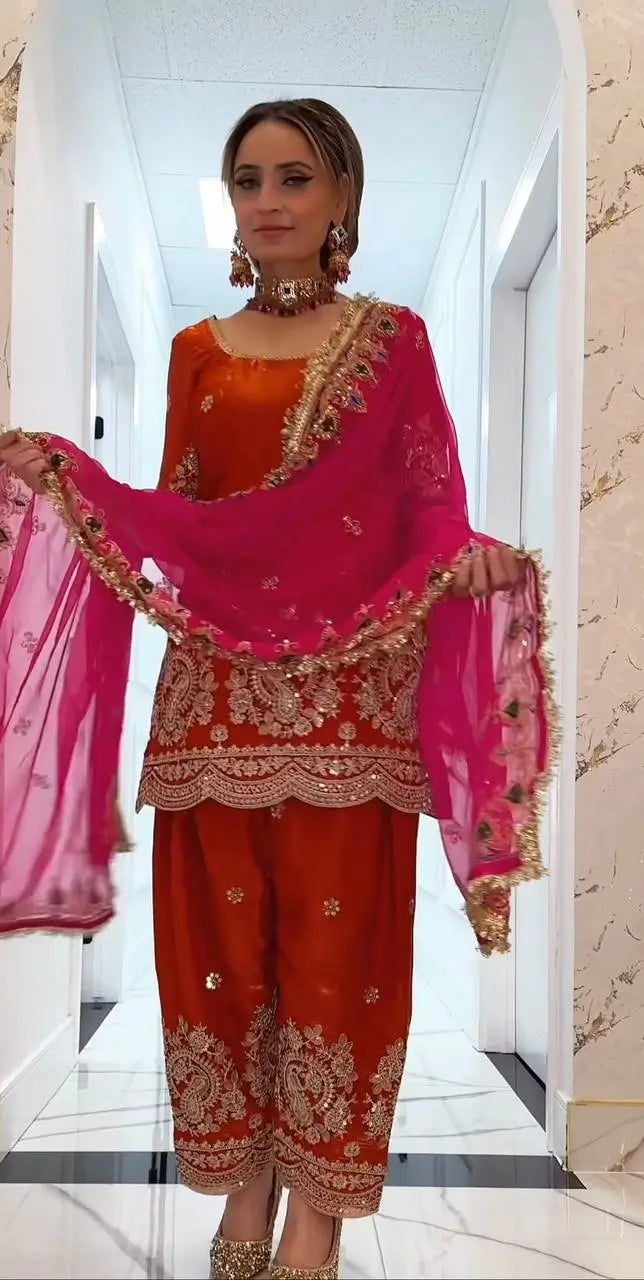 Fandy Crushi Silk Farshi Salwar Suit With Handwork Dupatta