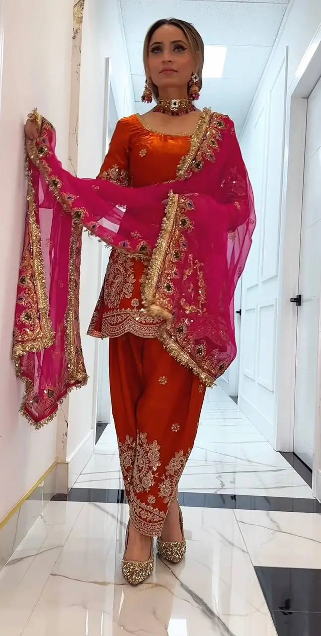 Fandy Crushi Silk Farshi Salwar Suit With Handwork Dupatta