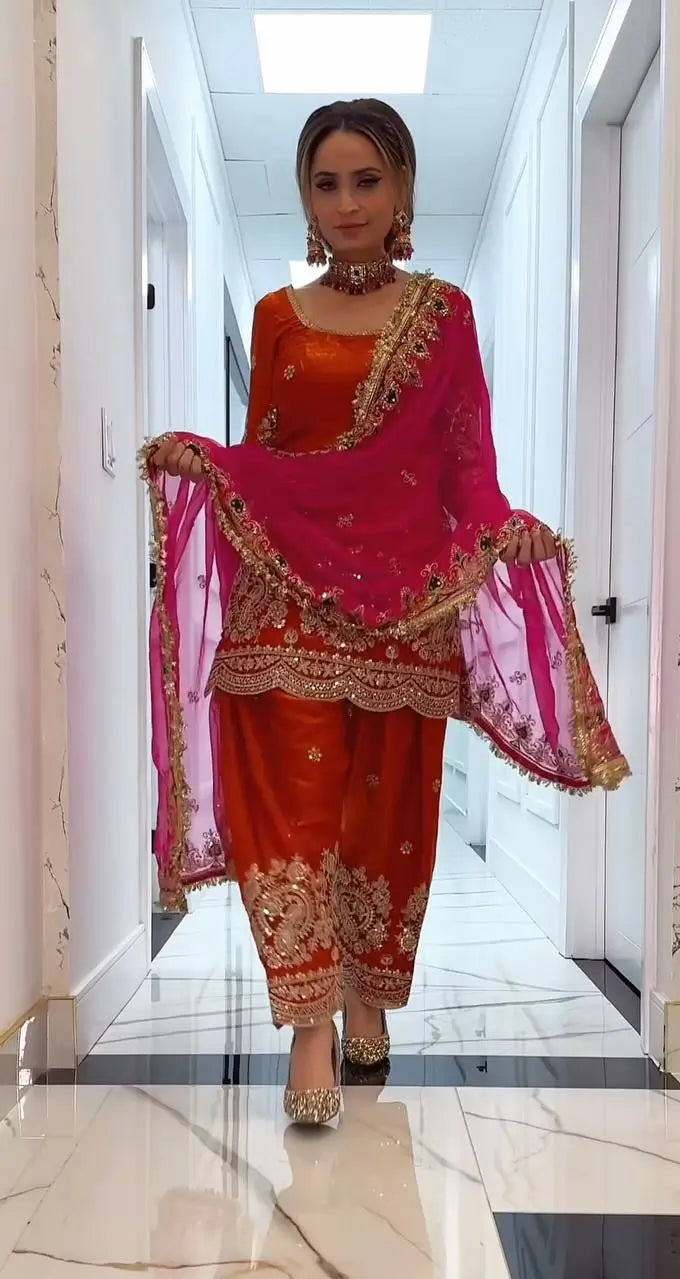 Fandy Crushi Silk Farshi Salwar Suit With Handwork Dupatta