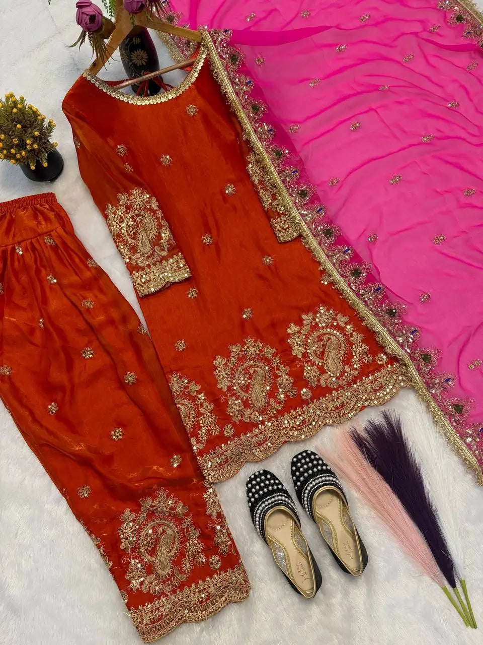 Fandy Crushi Silk Farshi Salwar Suit With Handwork Dupatta