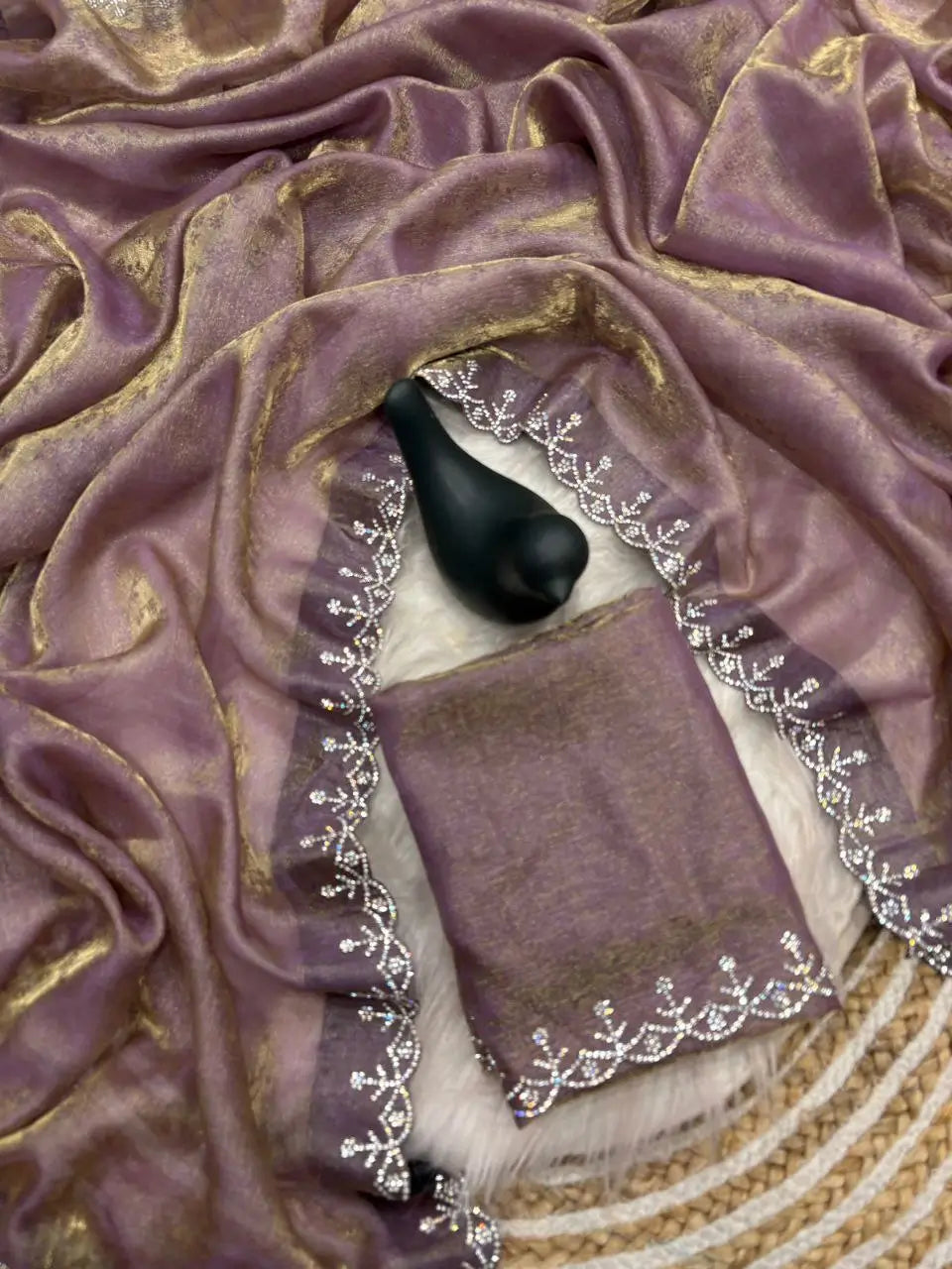 Fandy Satin Zari Weaving Saree with Siroski Border