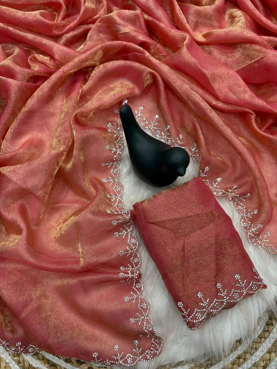 Fandy Satin Zari Weaving Saree with Siroski Border