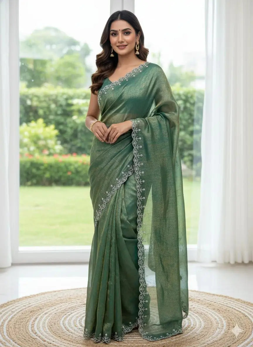Fandy Satin Zari Weaving Saree with Siroski Border