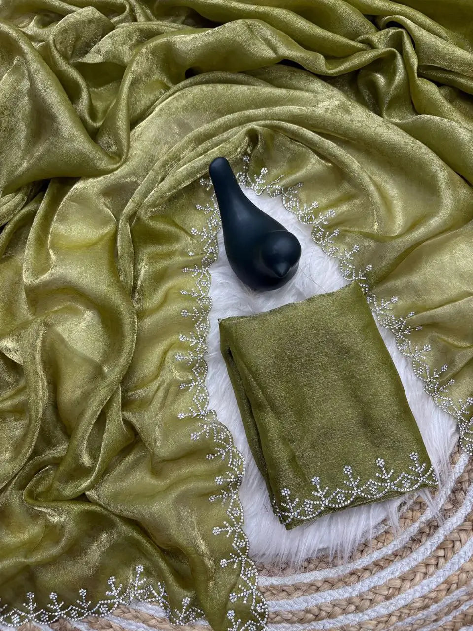 Fandy Satin Zari Weaving Saree with Siroski Border