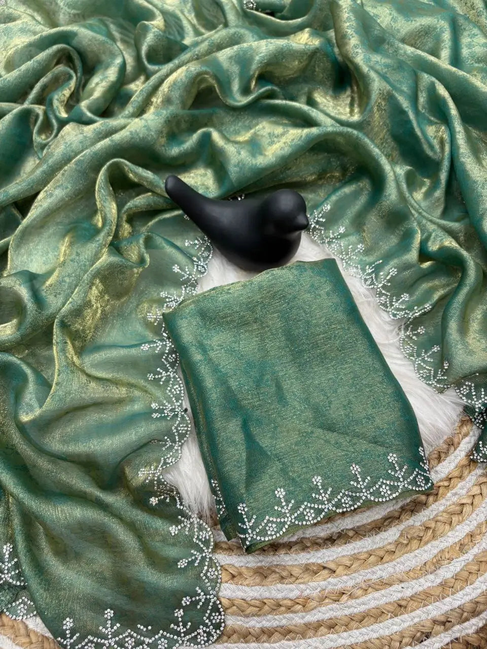 Fandy Satin Zari Weaving Saree with Siroski Border