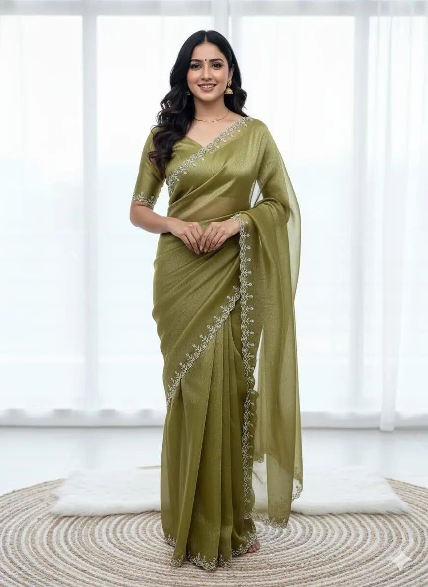Fandy Satin Zari Weaving Saree with Siroski Border
